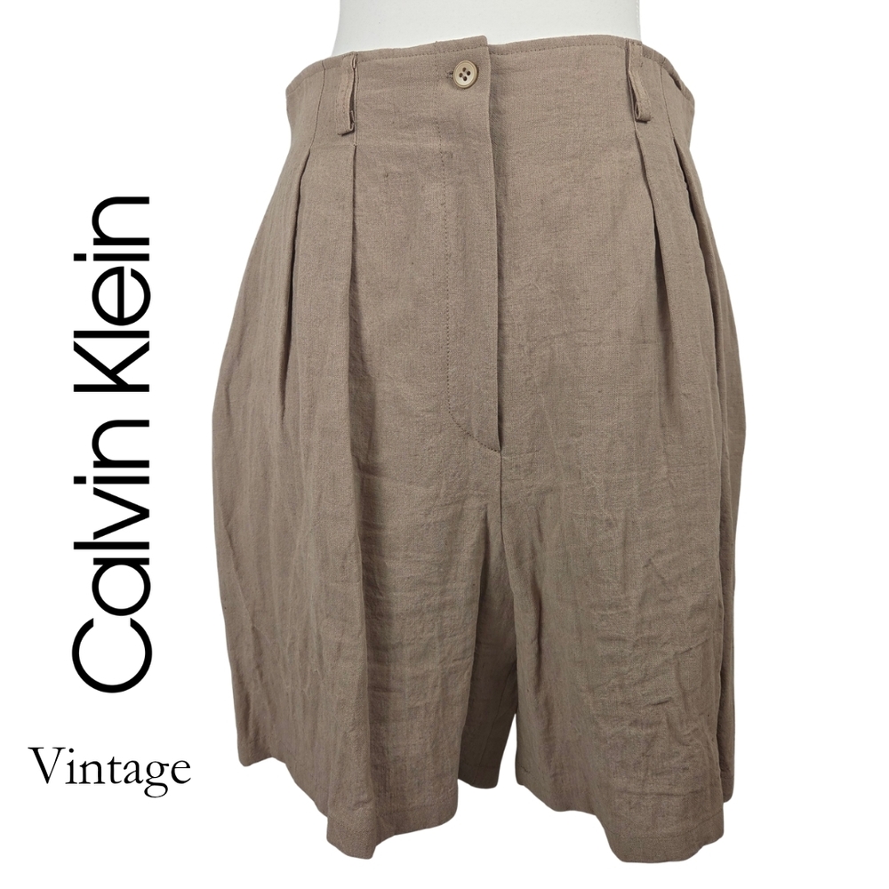 Vintage Calvin Klein 100% Linen Taupe Pleated High-Waist Shorts